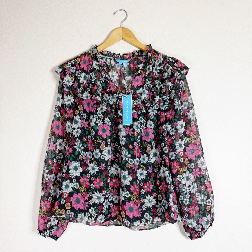 DRAPER JAMES amaryllis floral Gretchen long sleeve ruffled top EXTRA SMALL NEW